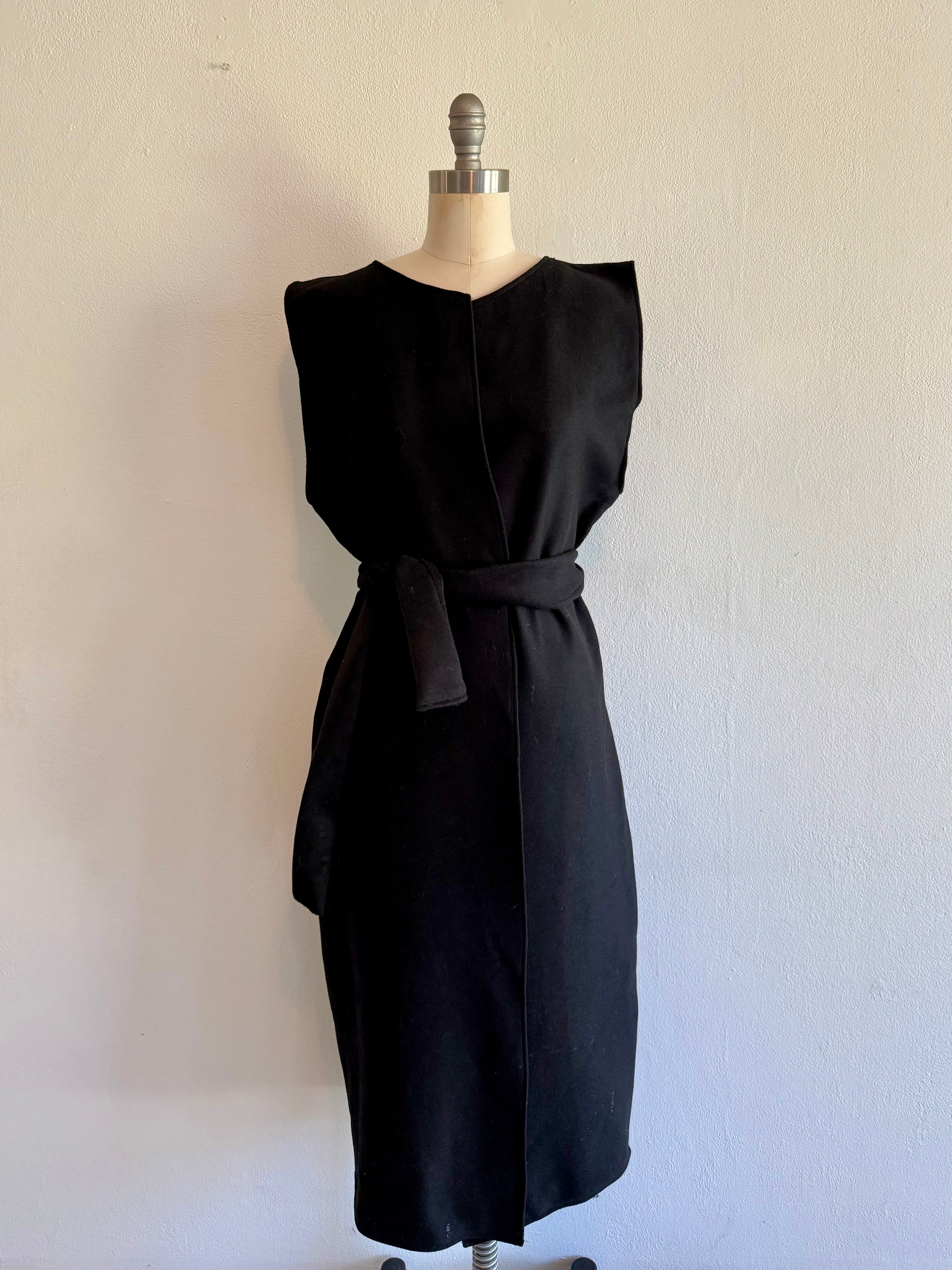 Black Wool Longline Maxi Vest: Sash Waistcoat