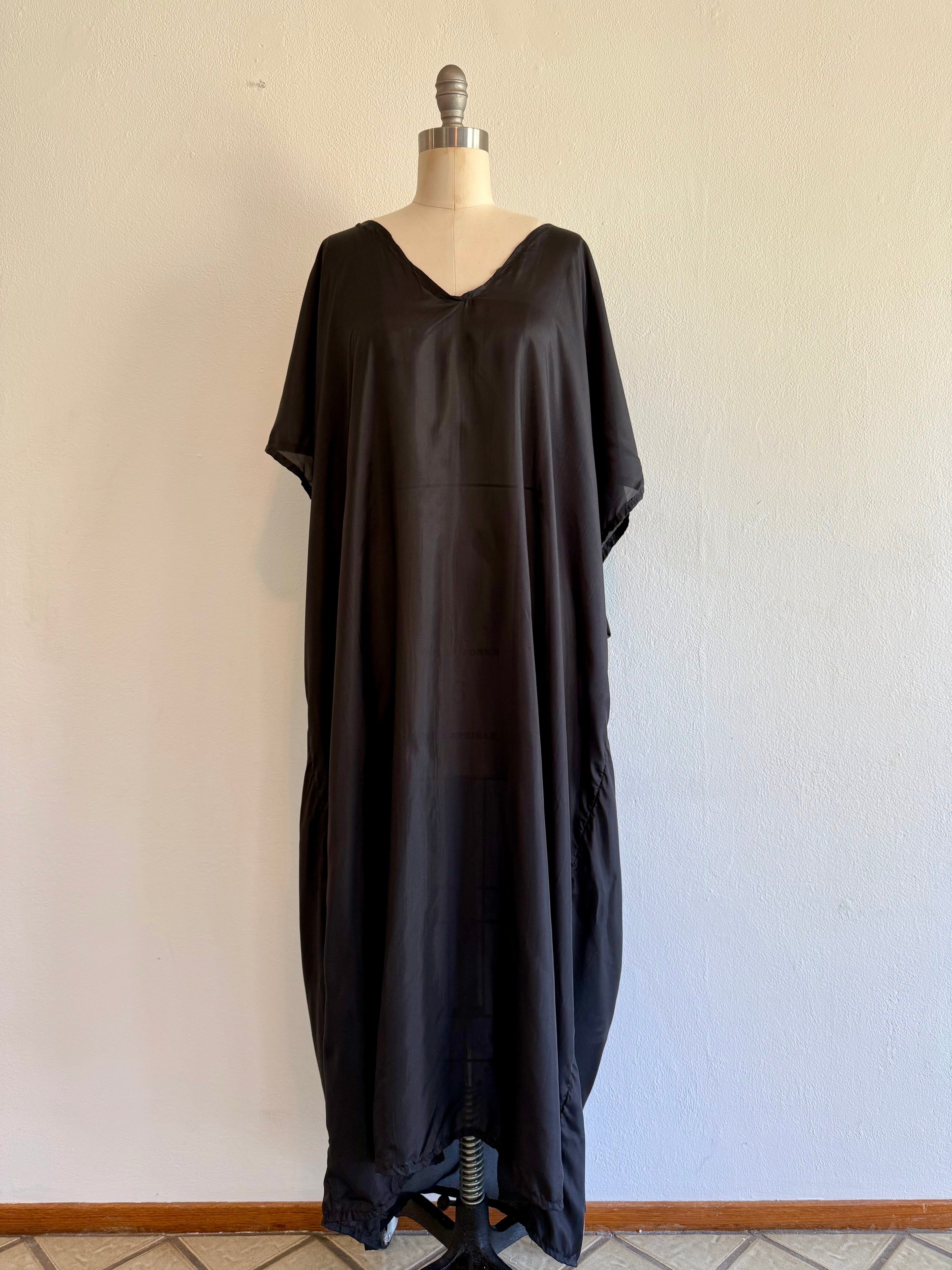 Black Silk Maxi Dress: Soft V-Neck with Sash