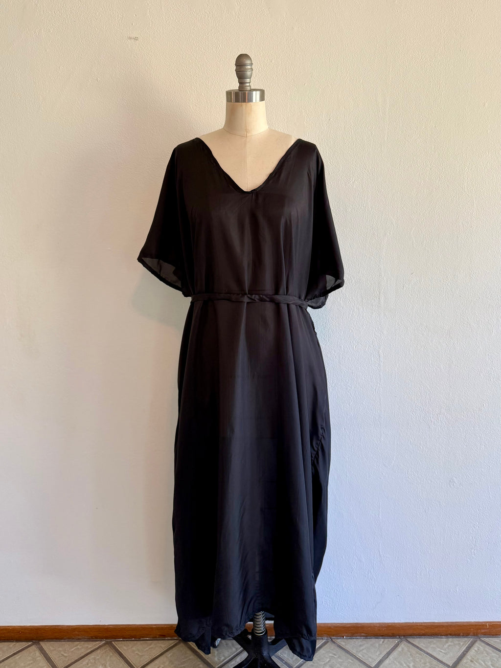 Black Silk Maxi Dress: Soft V-Neck with Sash