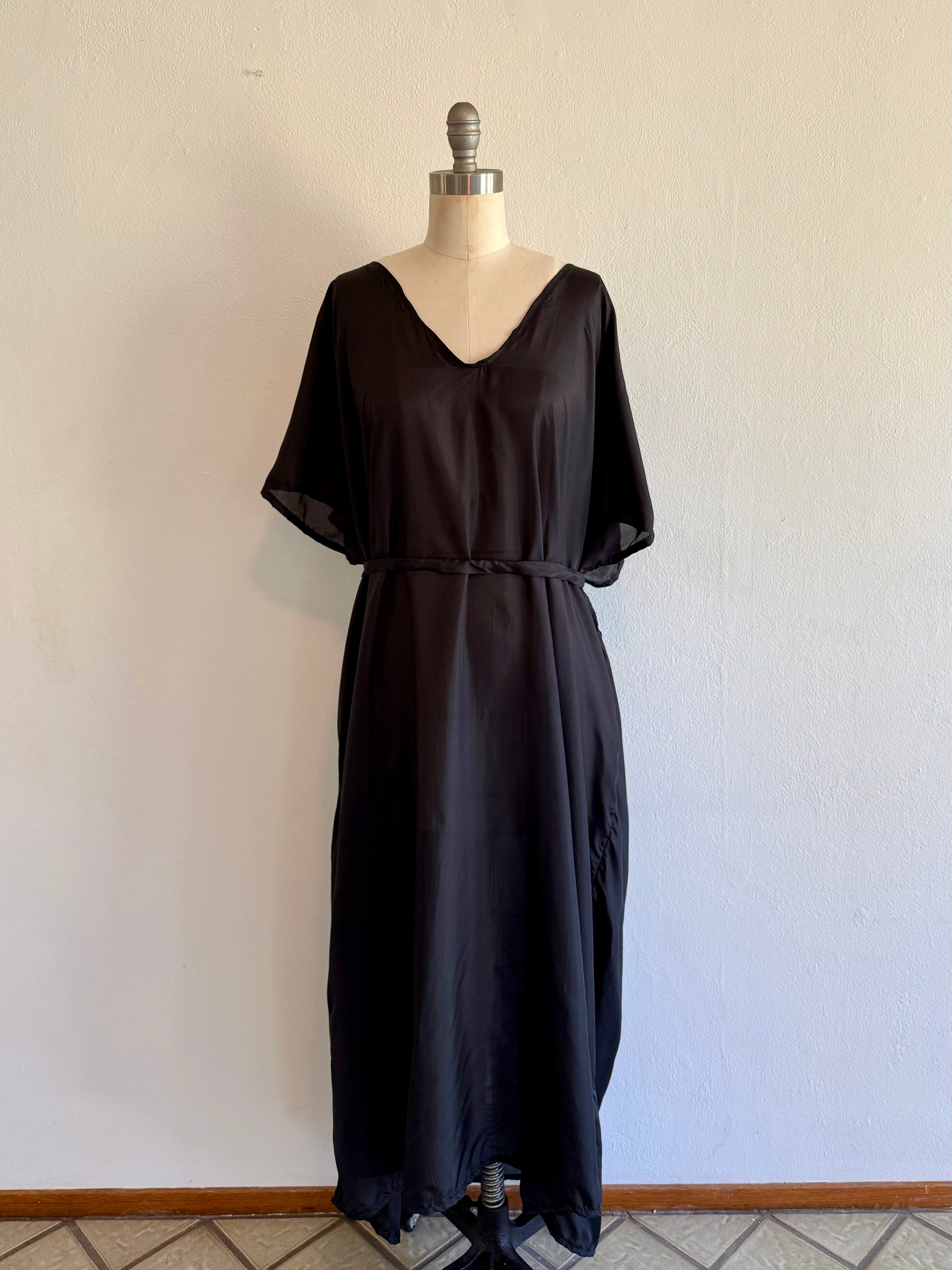 Black Silk Maxi Dress: Soft V-Neck with Sash