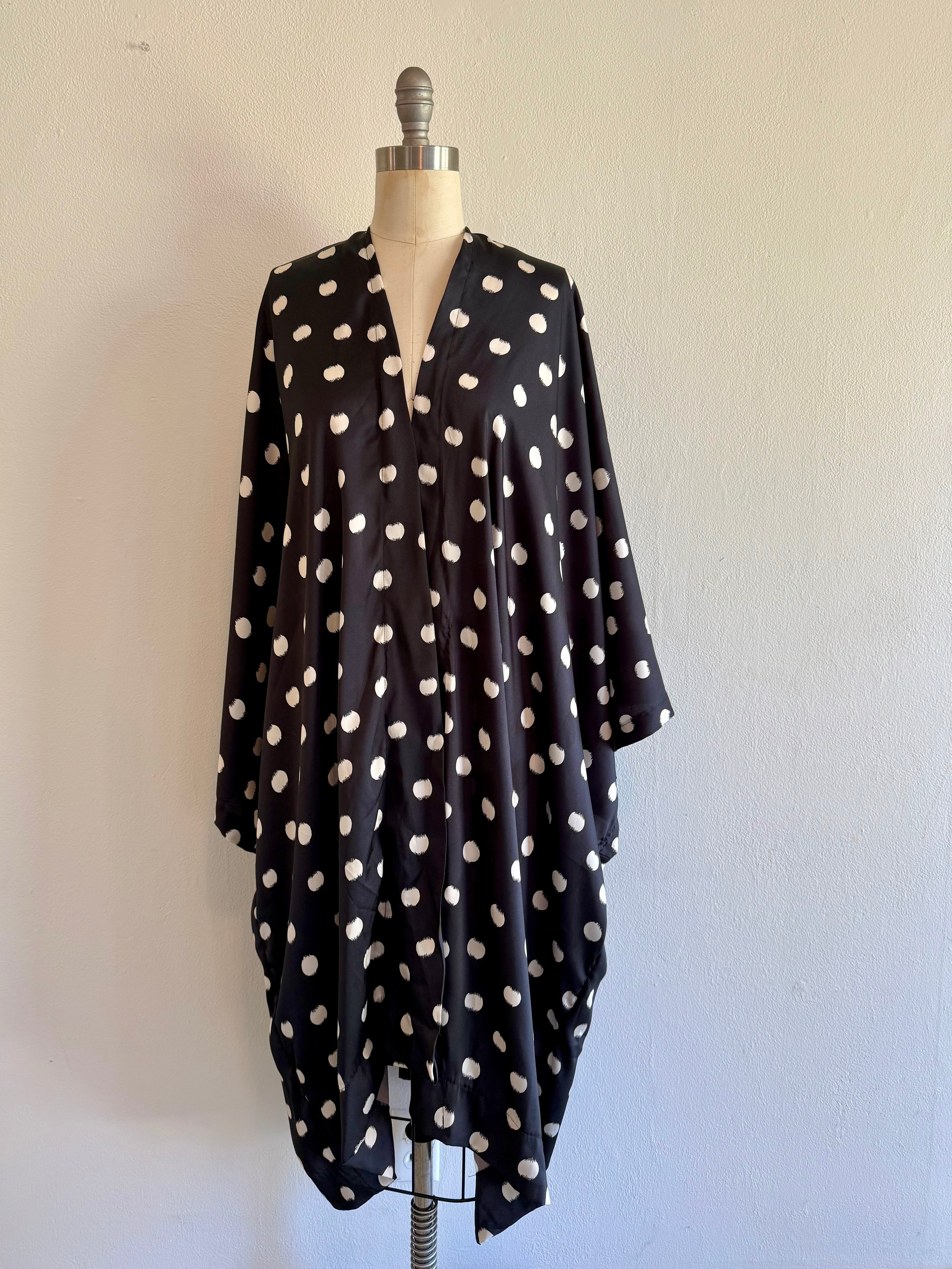 Women's Twill Satin Kimono Maxi Robe Cardigan Black with White Feathered Dots