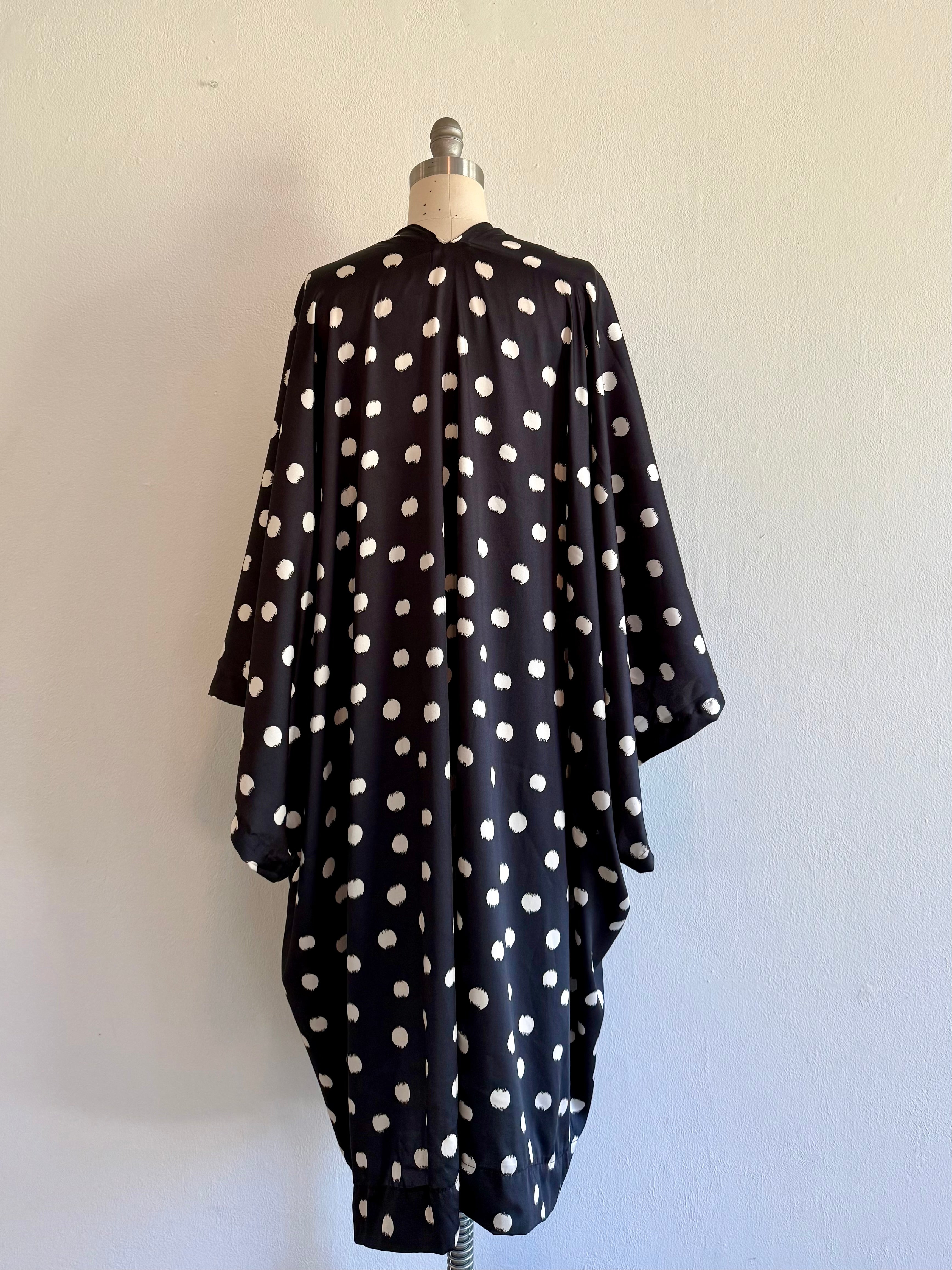 Women's Twill Satin Kimono Maxi Robe Cardigan Black with White Feathered Dots