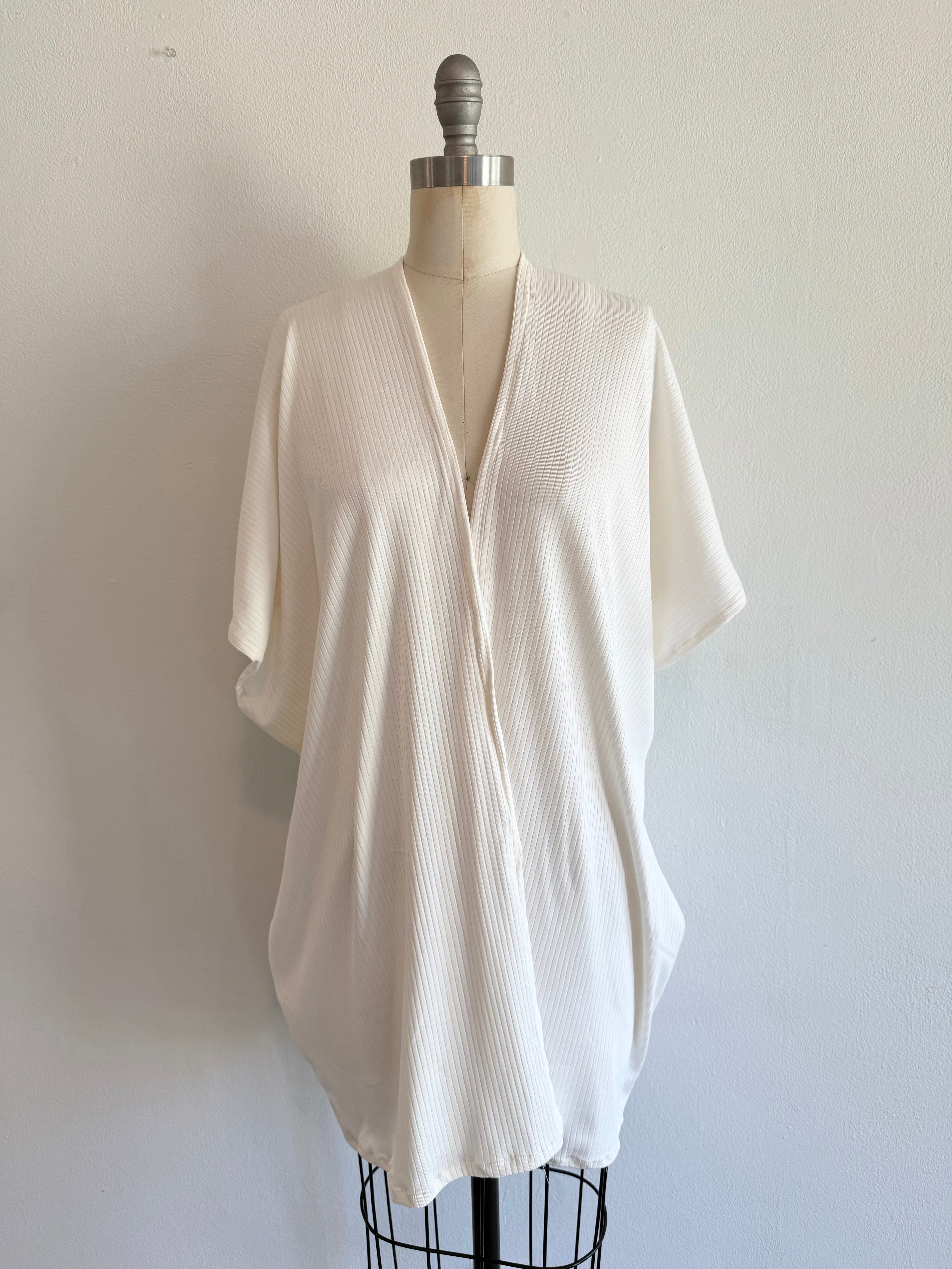 Rib Knit Jersey Ivory Cardigan Kaftan Poncho Coverup