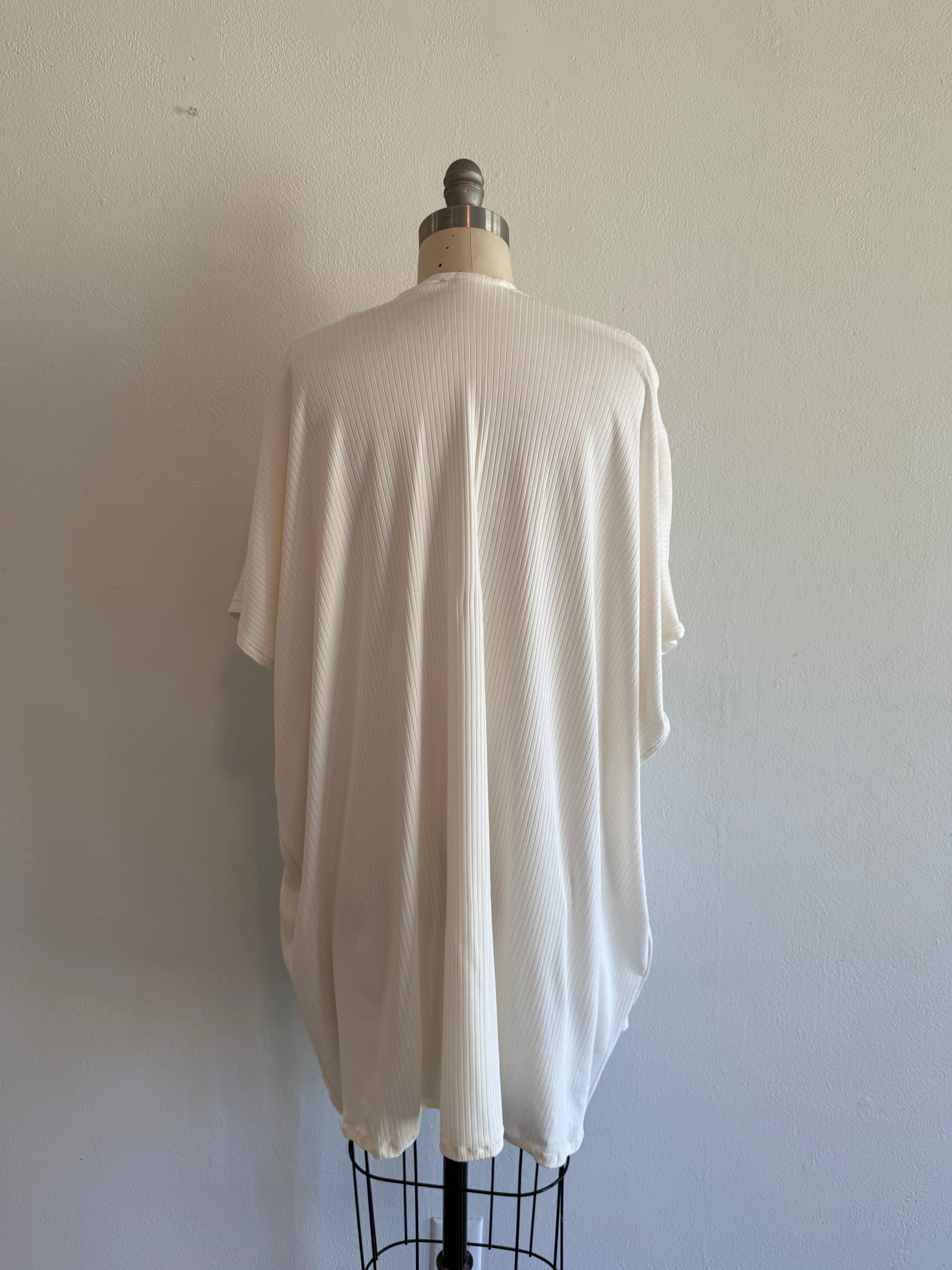Rib Knit Jersey Ivory Cardigan Kaftan Poncho Coverup