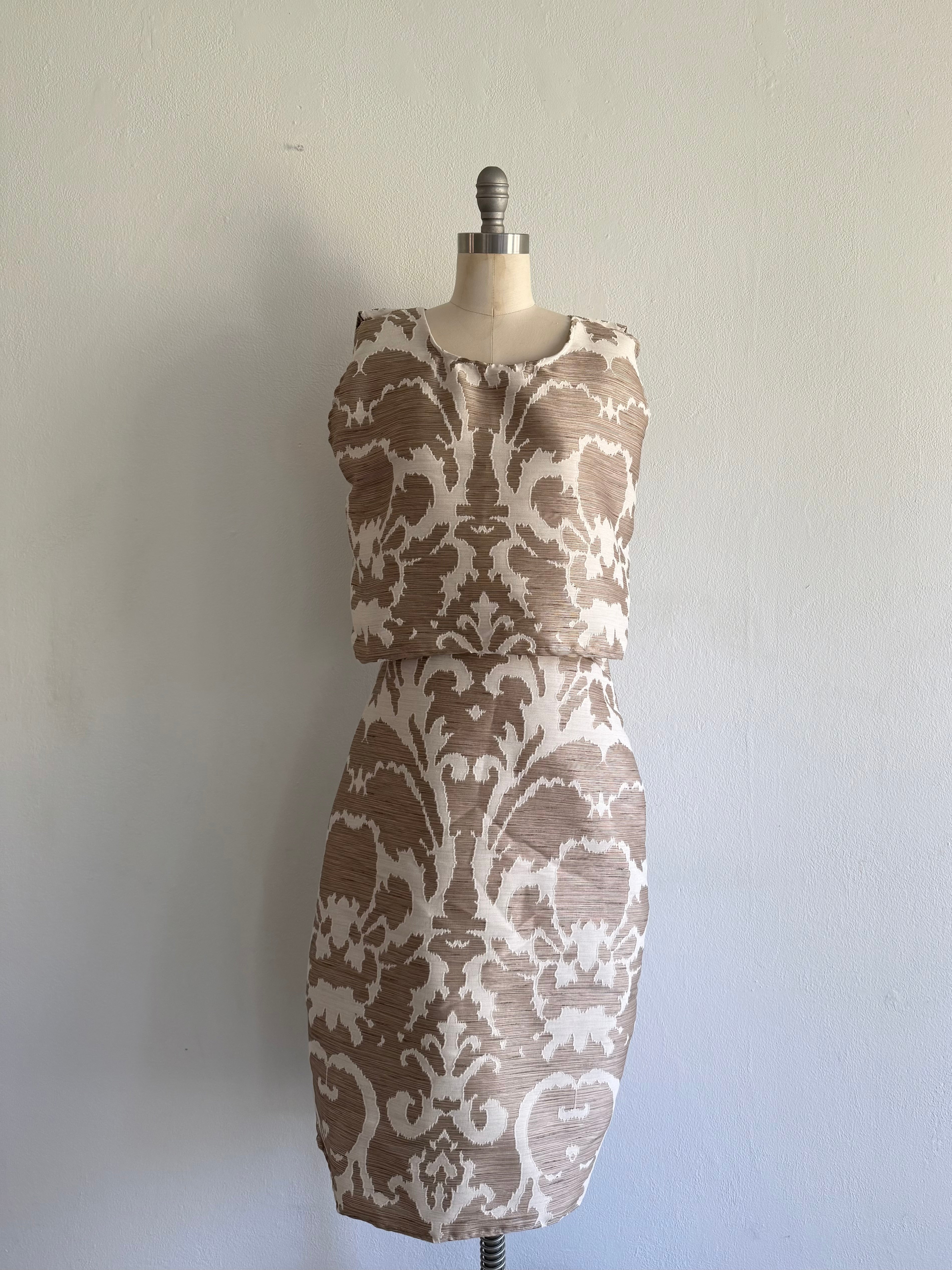 Elegant Women's Two-Piece Brocade Set: Cream and Bronze Top and Skirt