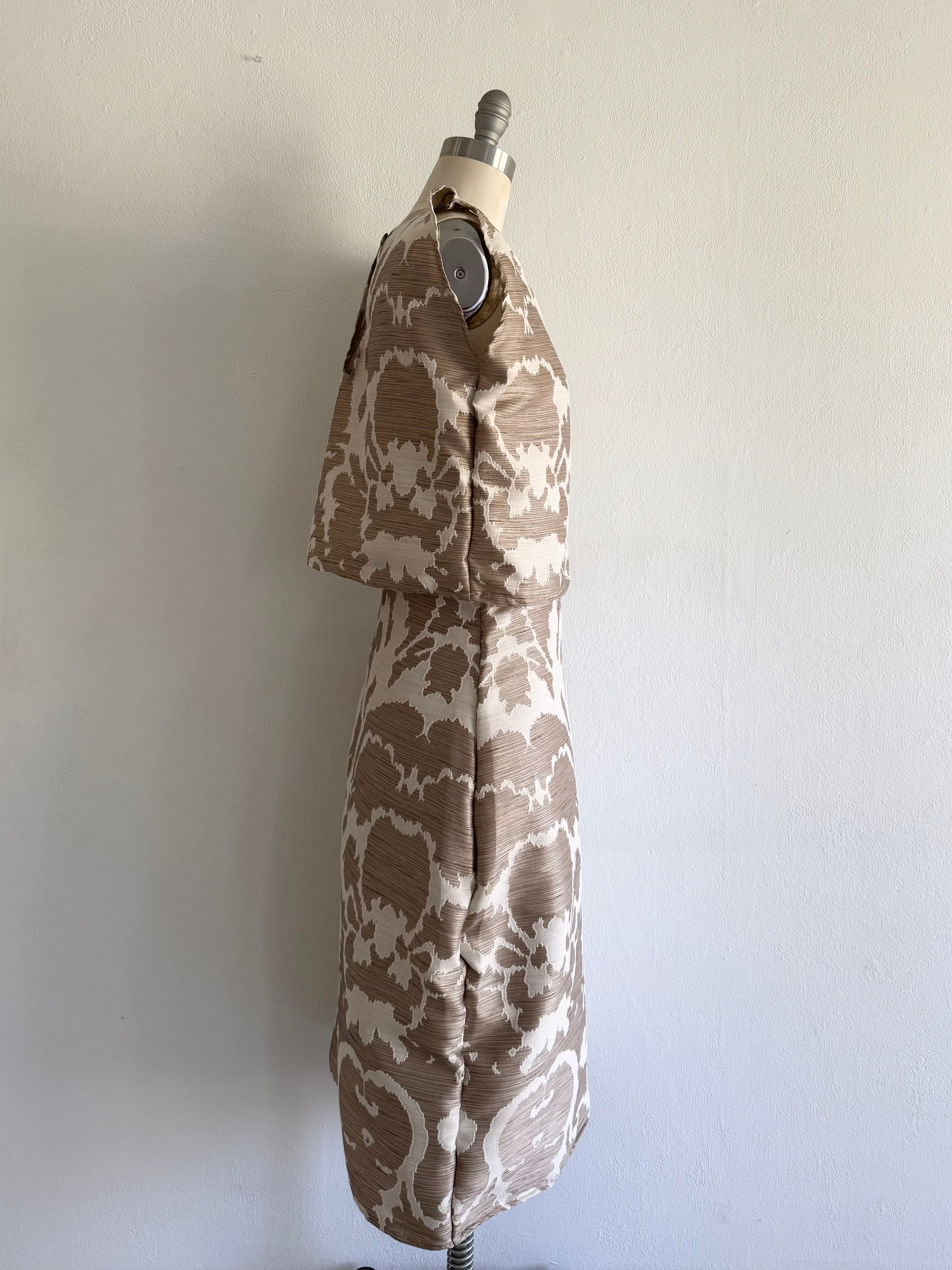Elegant Women's Two-Piece Brocade Set: Cream and Bronze Top and Skirt