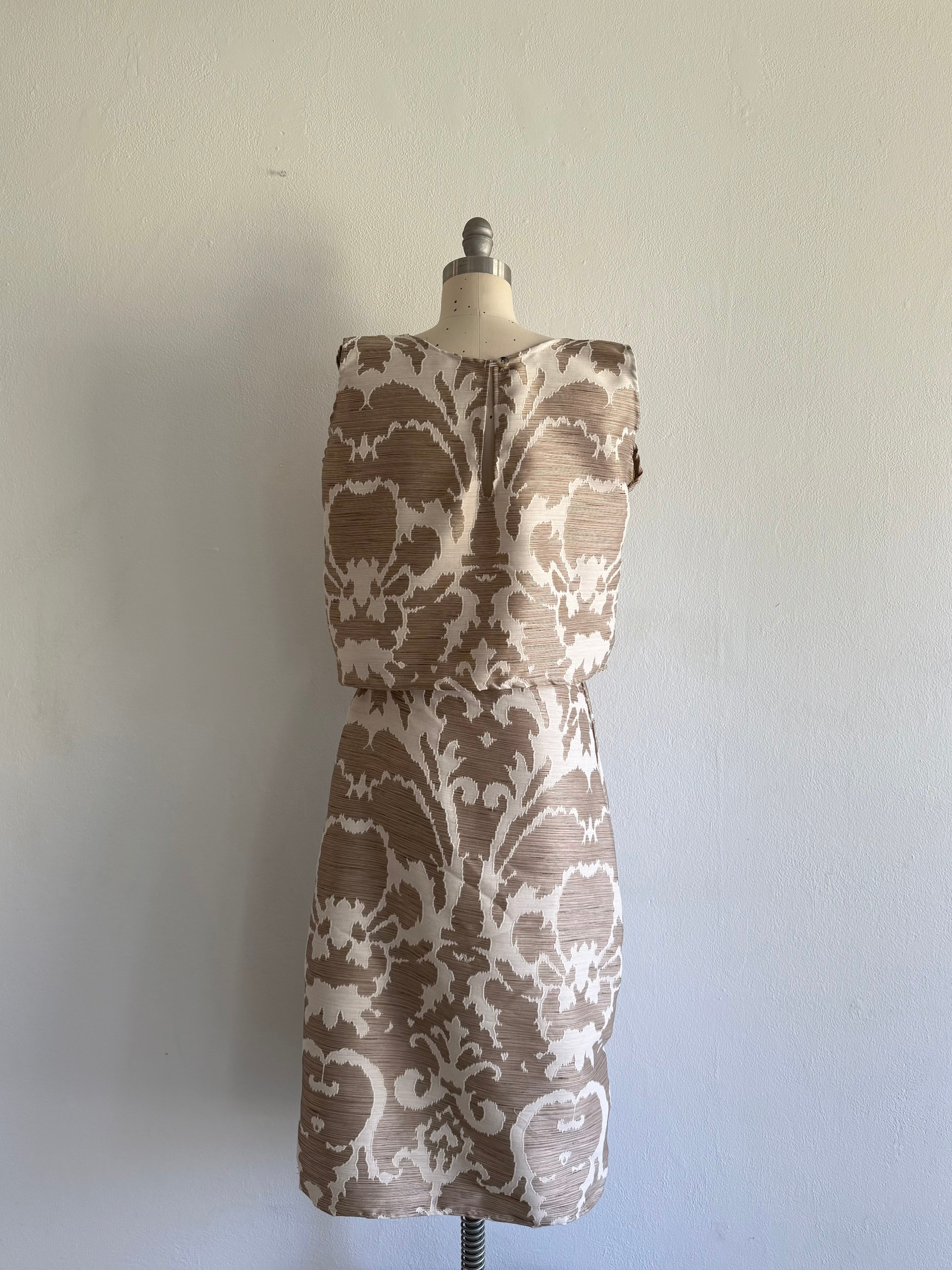 Elegant Women's Two-Piece Brocade Set: Cream and Bronze Top and Skirt