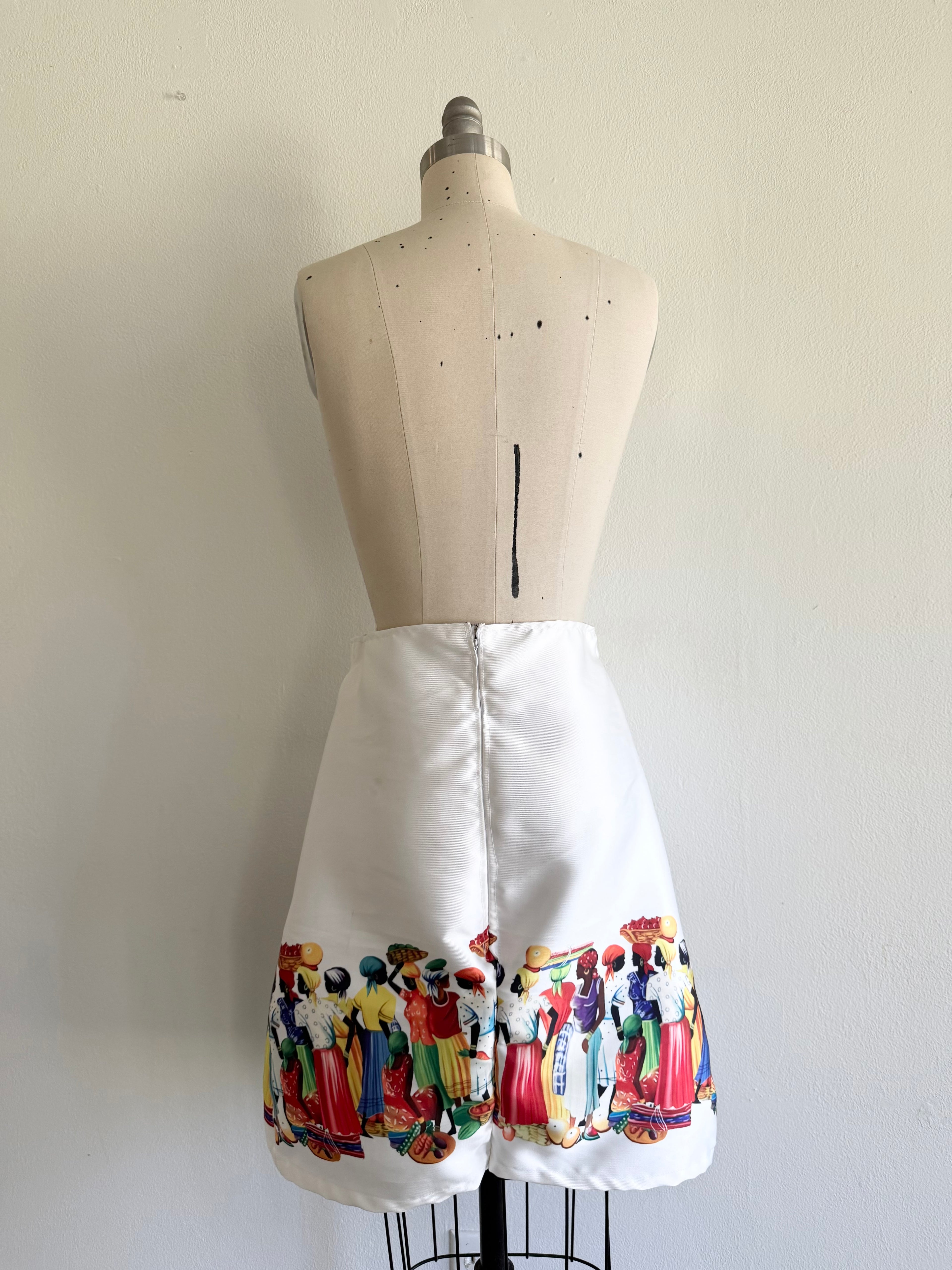 Women's Modern A-Line Skirt: African Colorful Graphic Print on White Twill