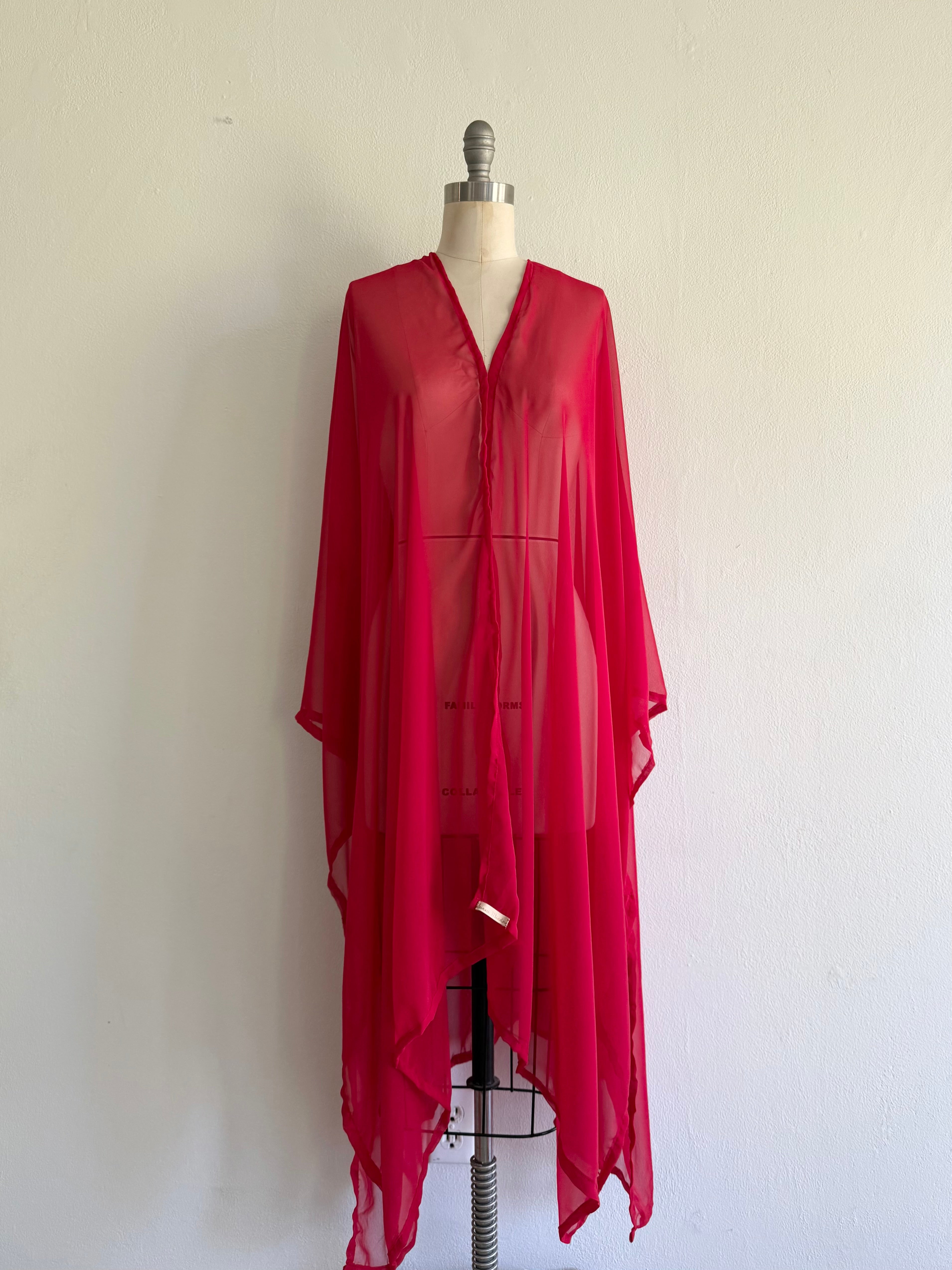 Red Chiffon Poncho Kaftan: Maxi Robe Cardigan, Bold See-Through Coverup