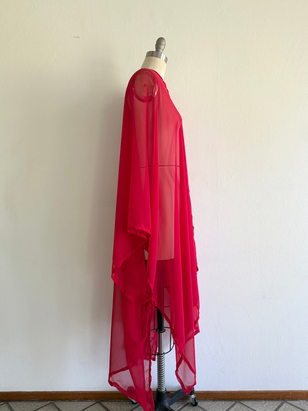 Red Chiffon Poncho Kaftan: Maxi Robe Cardigan, Bold See-Through Coverup