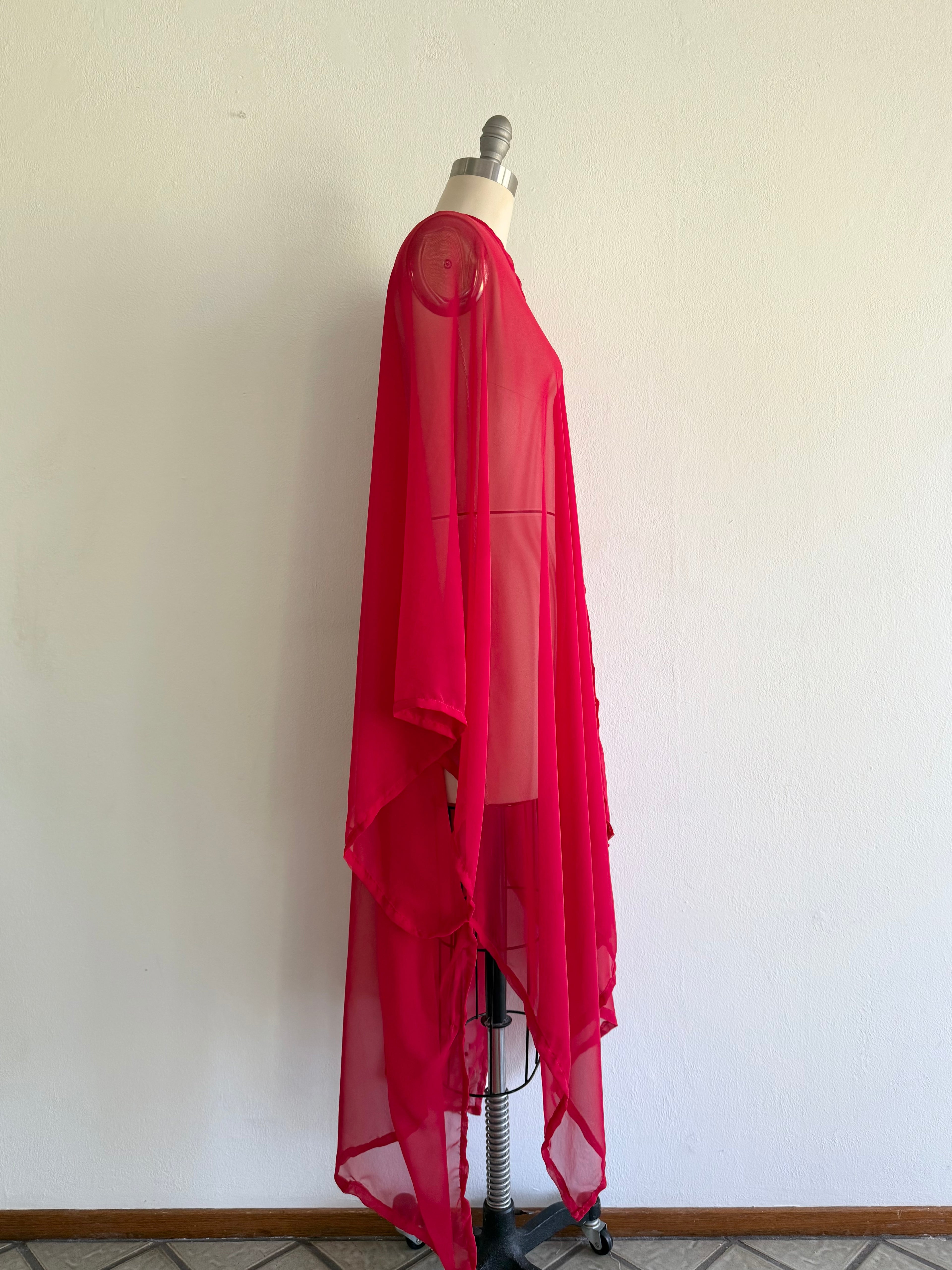 Red Chiffon Poncho Kaftan: Maxi Robe Cardigan, Bold See-Through Coverup