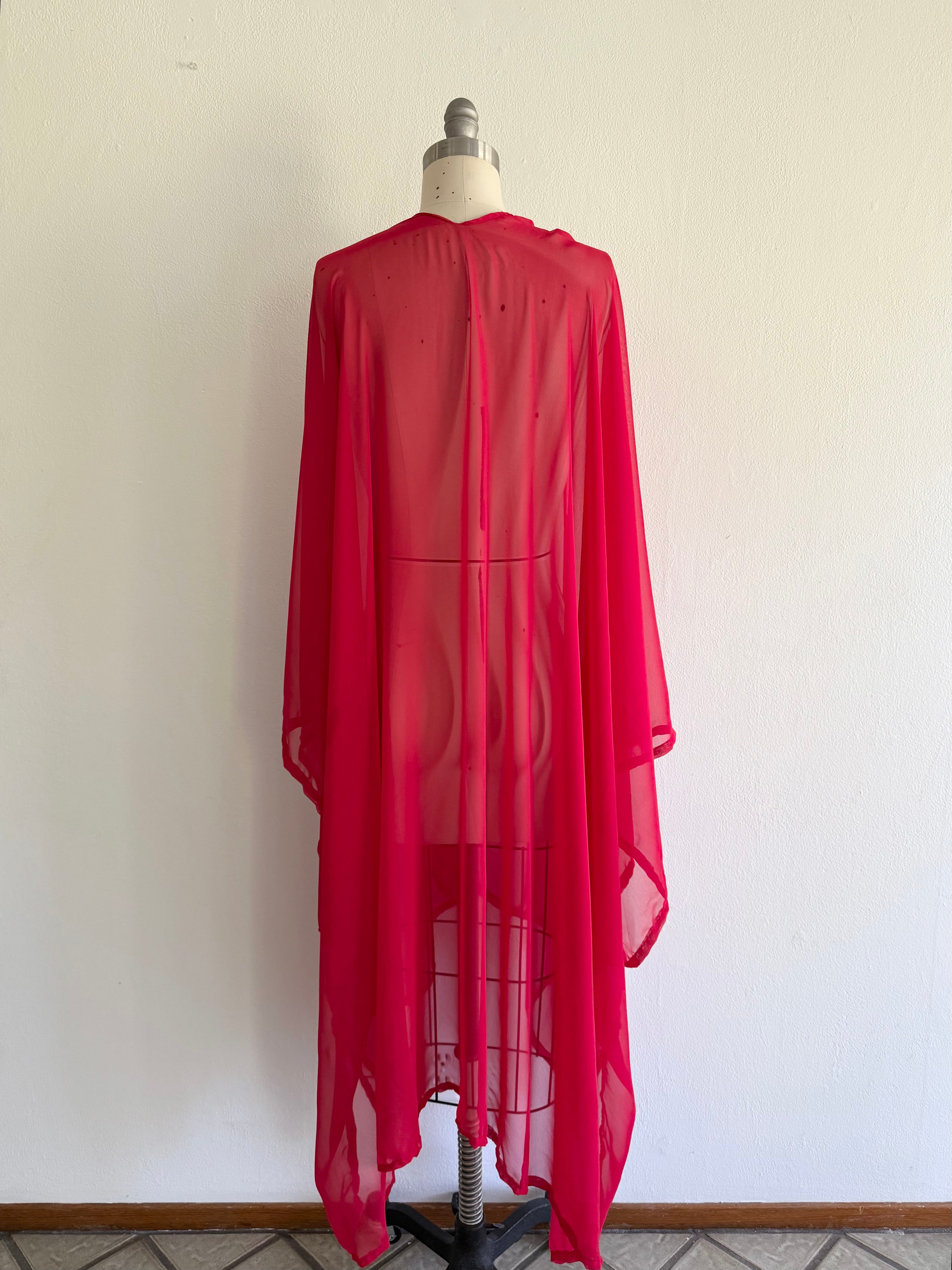 Red Chiffon Poncho Kaftan: Maxi Robe Cardigan, Bold See-Through Coverup